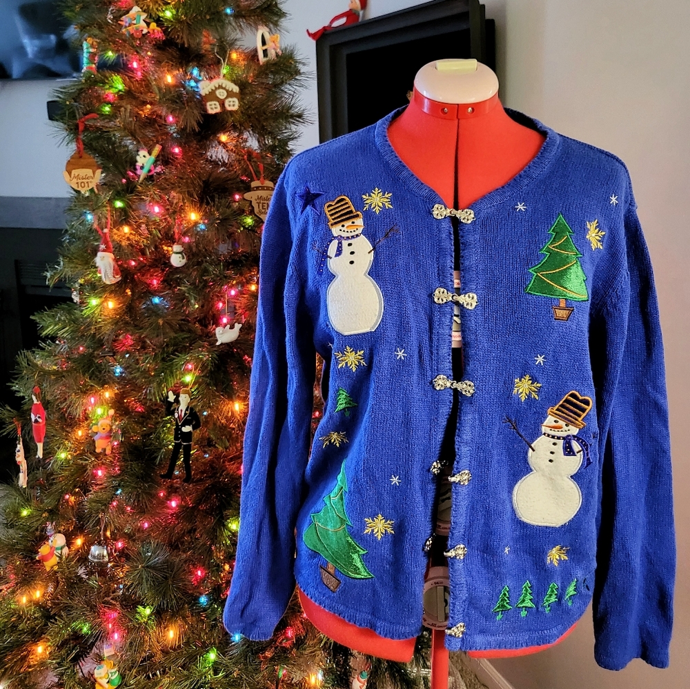 Blue Silver Clasp Snowman Christmas Sweater